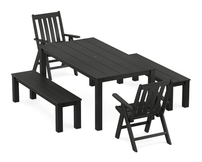 POLYWOOD® Vineyard Folding Chair 5-Piece Parsons Dining Set with Benches in Black