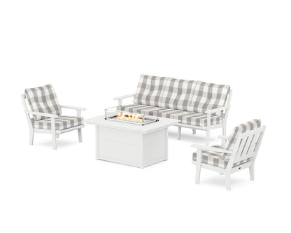 POLYWOOD® Oxford Deep Seating Fire Pit Table Set in White / Buffalo Plaid Grey Mist