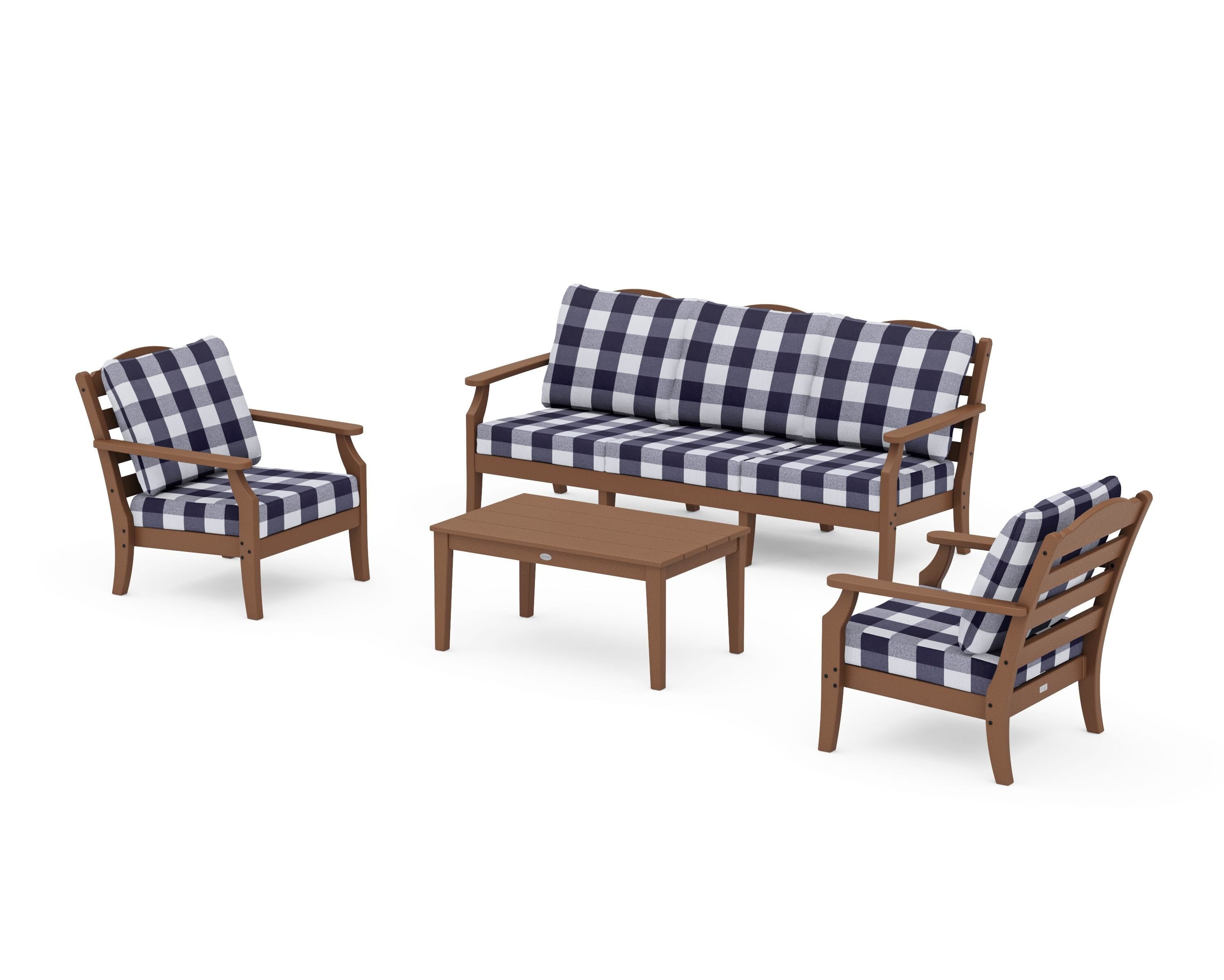 Draper James™ by  POLYWOOD® Savannah 4-Piece Deep Seating Set with Sofa in Teak / Buffalo Plaid Navy