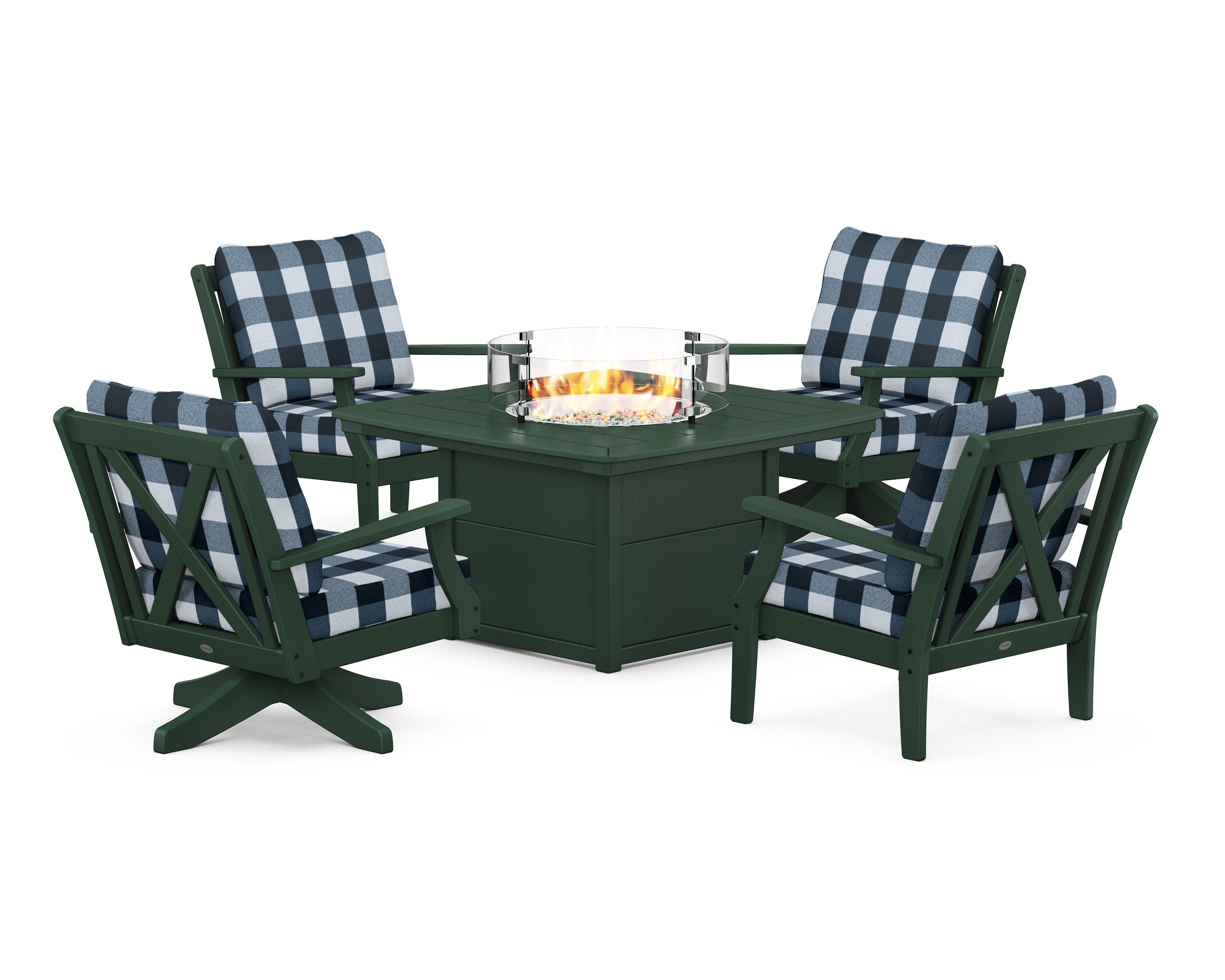 POLYWOOD® Braxton 5-Piece Deep Seating Set with Fire Table in Green / Buffalo Plaid Marine Indigo