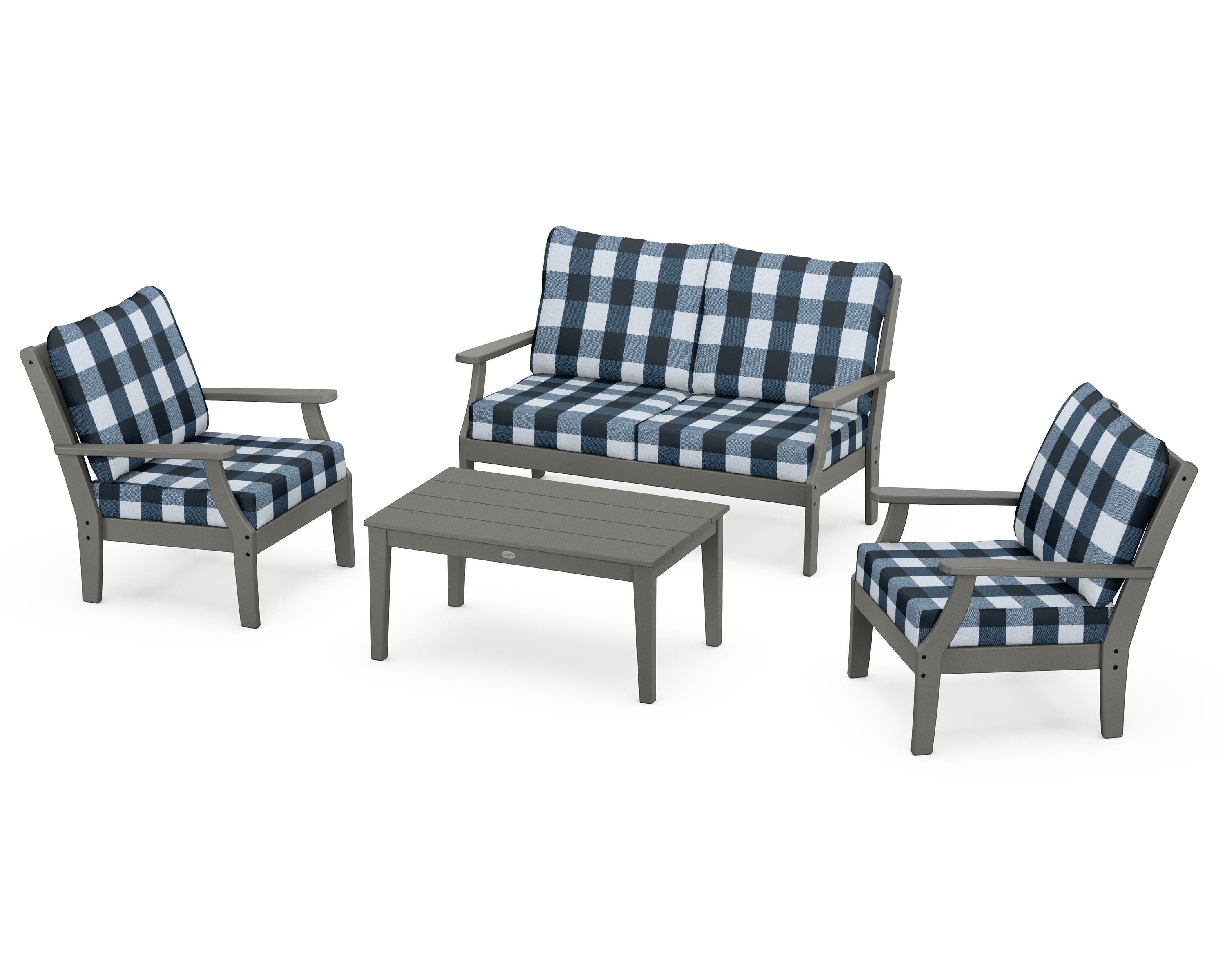POLYWOOD® Braxton 4-Piece Deep Seating Chair Set in Slate Grey / Buffalo Plaid Marine Indigo