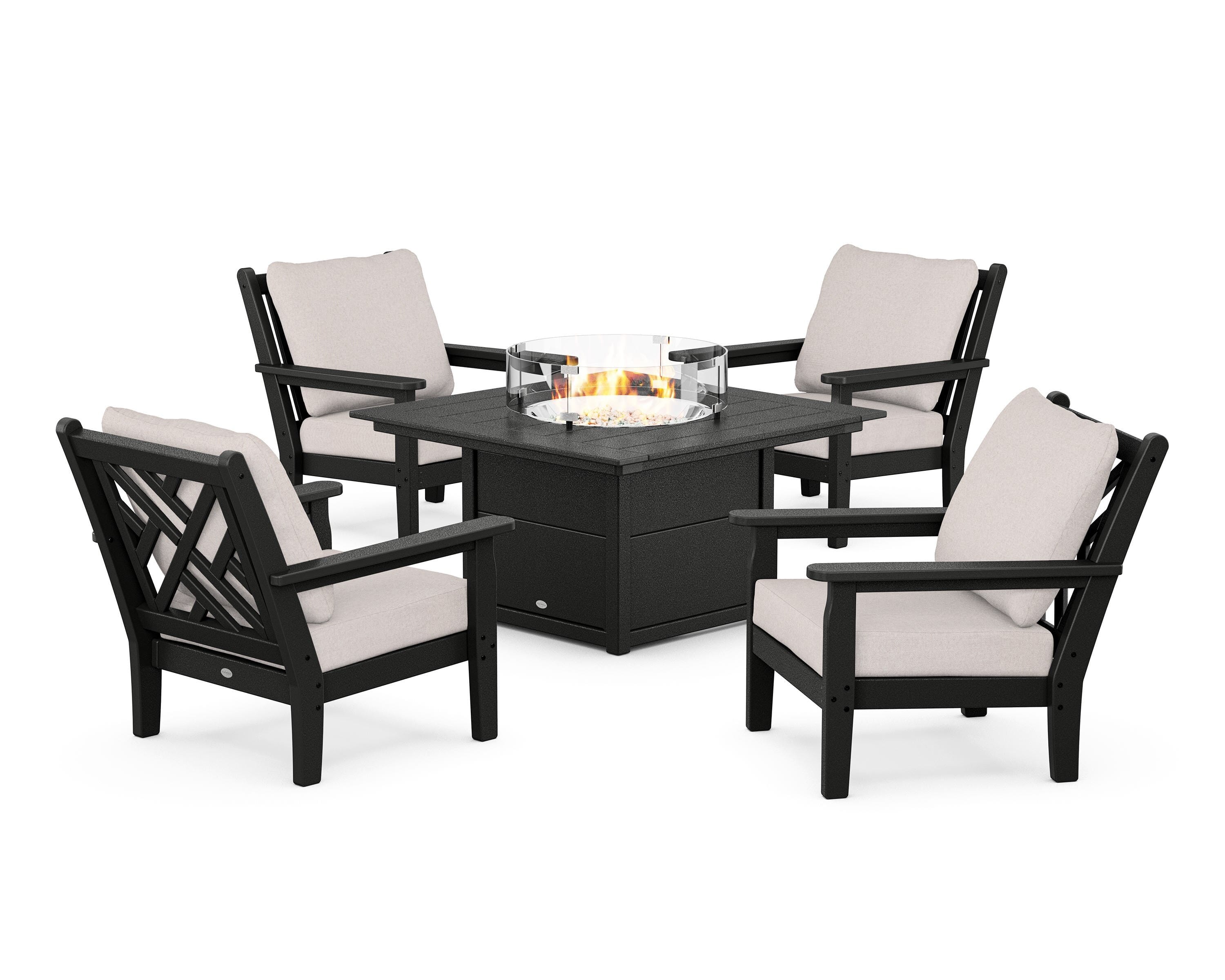 POLYWOOD® Chippendale 5-Piece Deep Seating Set with Fire Pit Table in Black / Dune Burlap