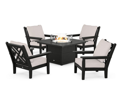 POLYWOOD® Chippendale 5-Piece Deep Seating Set with Fire Pit Table in Black / Dune Burlap