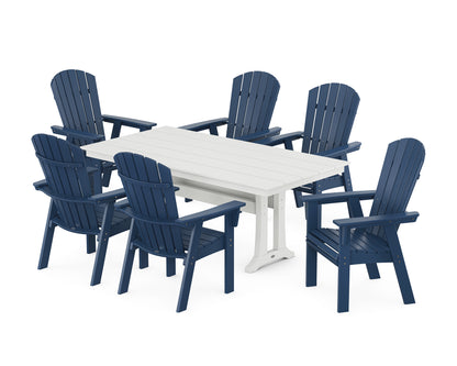 POLYWOOD® Nautical Curveback Adirondack 7-Piece Farmhouse Dining Set with Trestle Legs in Navy / White