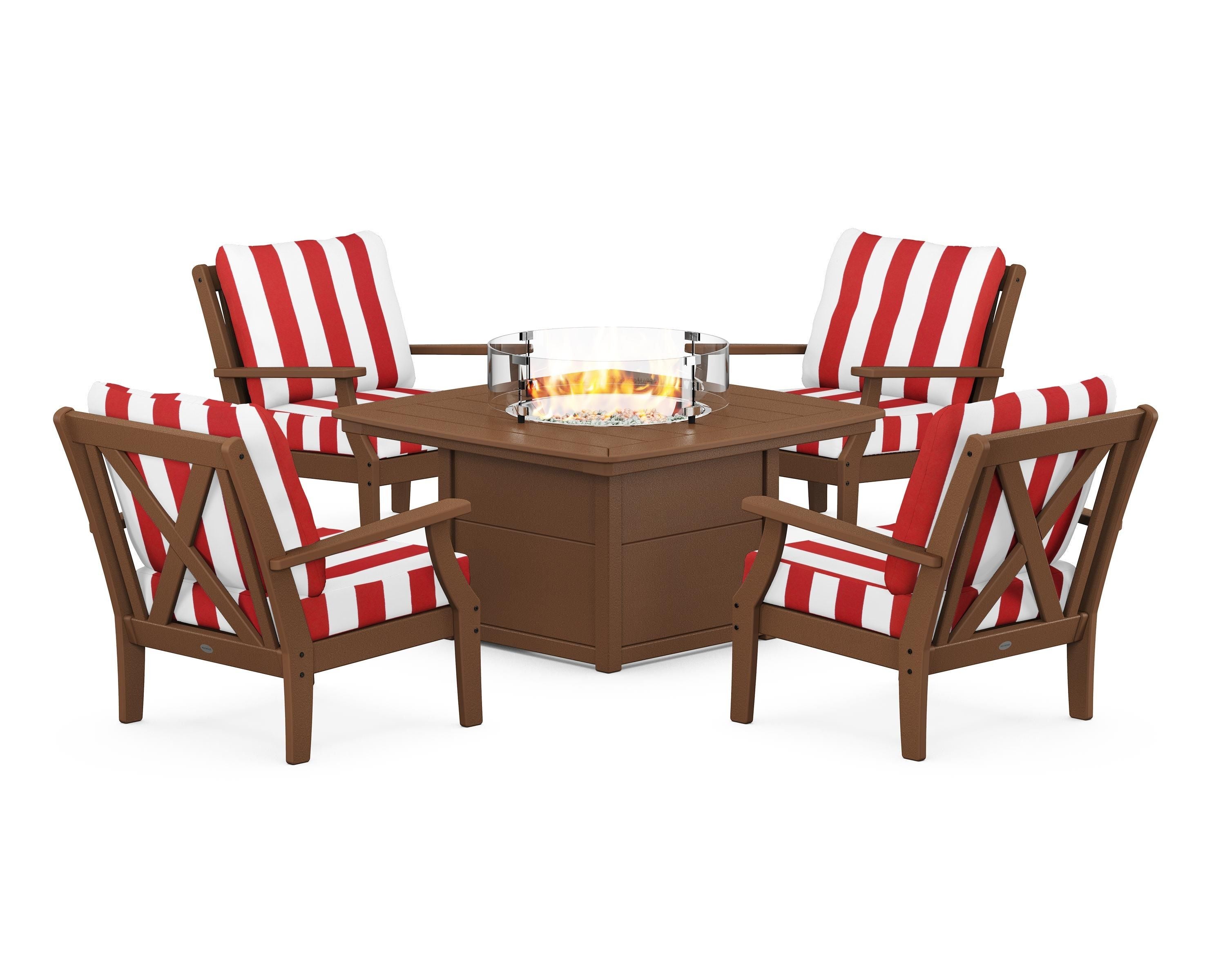 POLYWOOD® Braxton 5-Piece Deep Seating Conversation Set with Fire Pit Table in Teak / Cabana Stripe Crimson