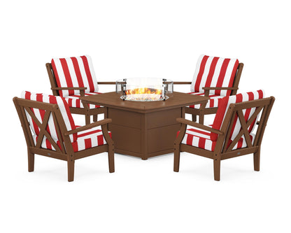 POLYWOOD® Braxton 5-Piece Deep Seating Conversation Set with Fire Pit Table in Teak / Cabana Stripe Crimson
