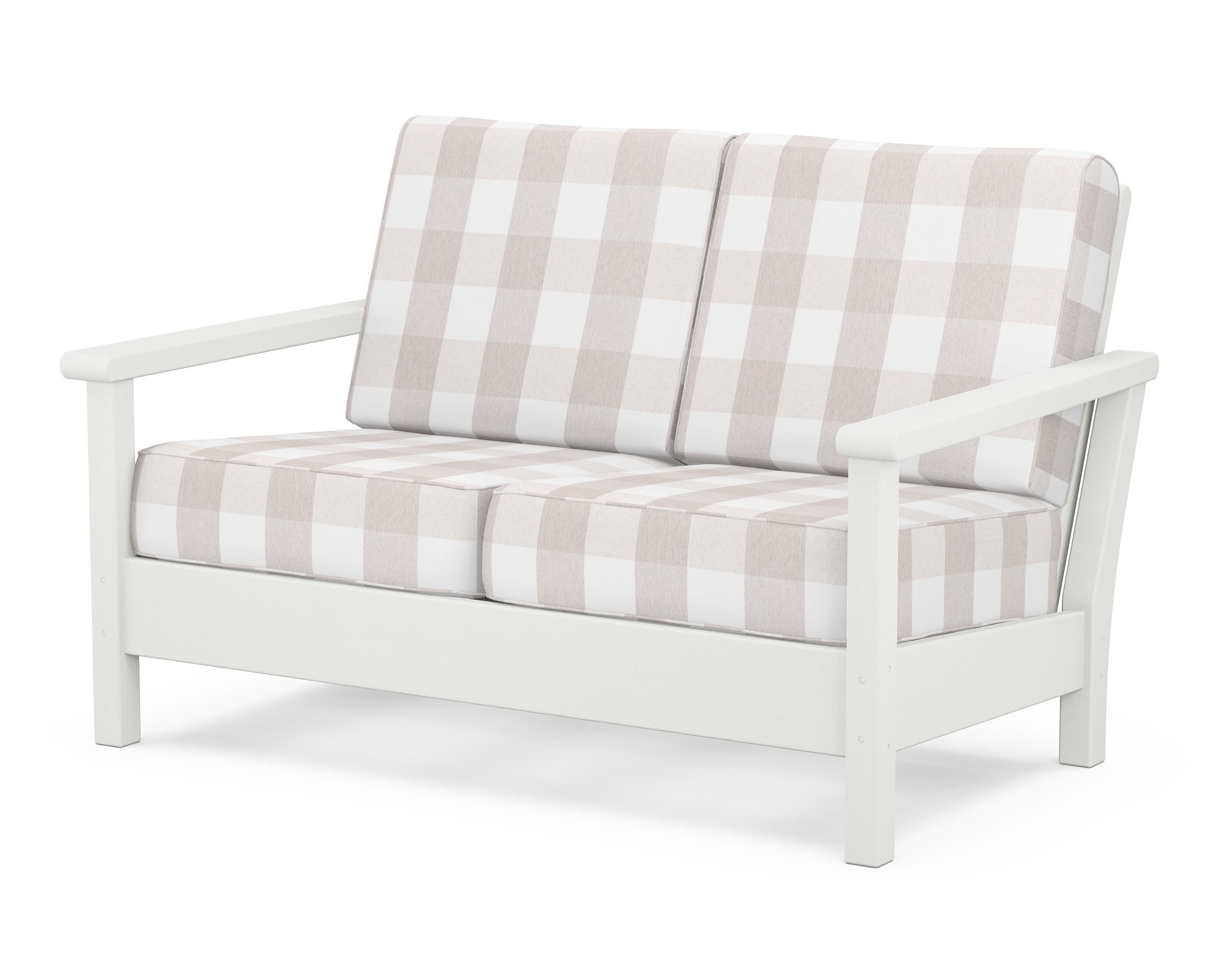 POLYWOOD® Harbour Deep Seating Loveseat in Vintage White / Buffalo Plaid Dune Burlap