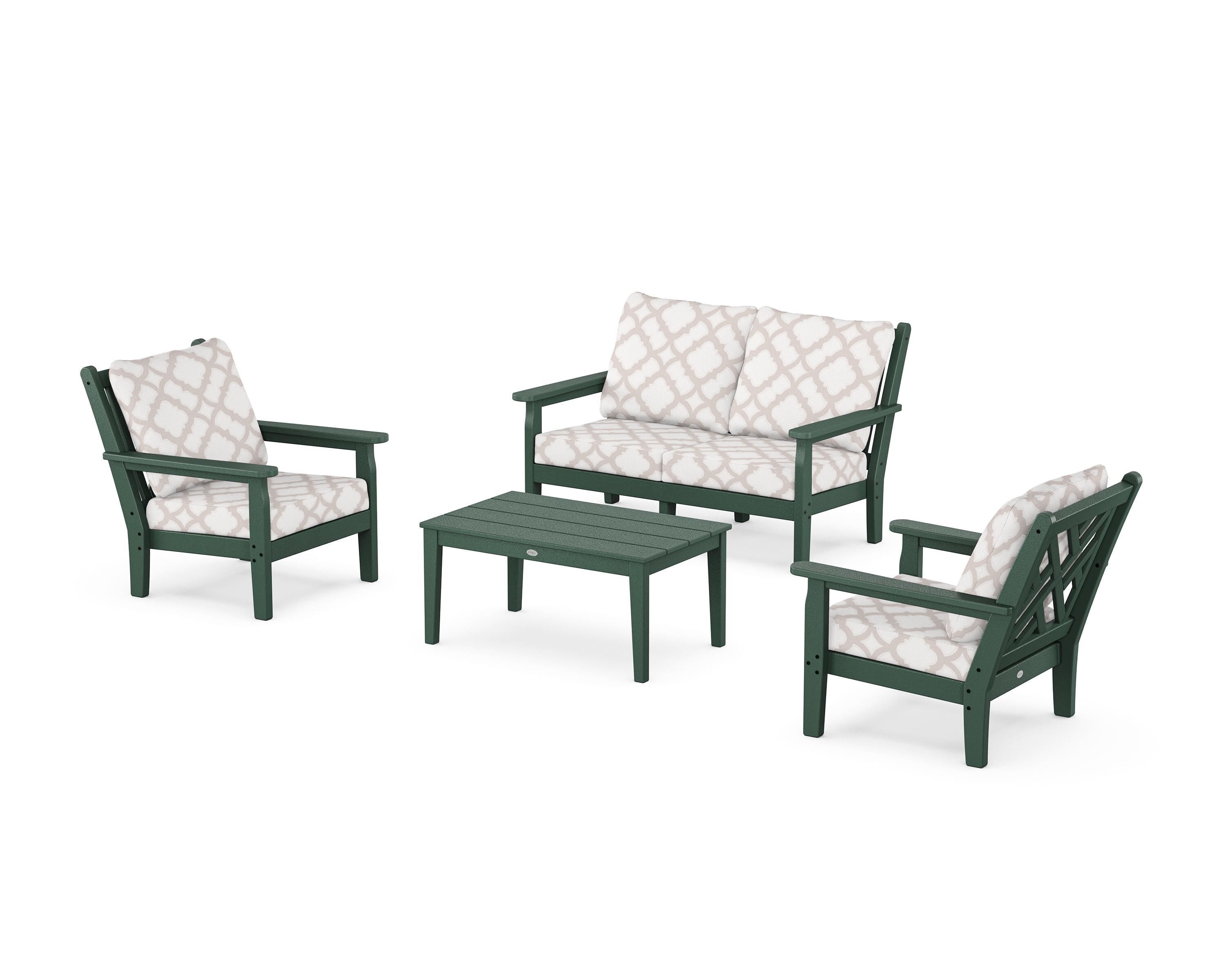 POLYWOOD® Chippendale 4-Piece Deep Seating Set with Loveseat in Green / Trellis Dune Burlap