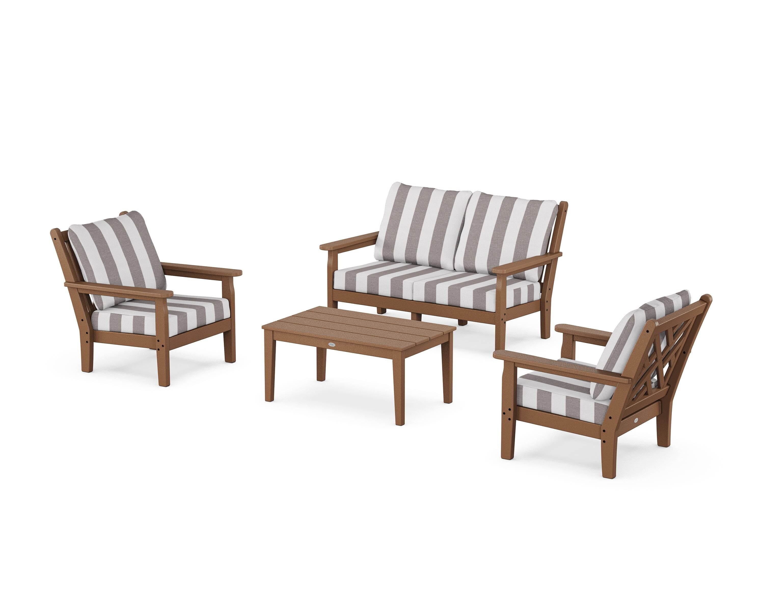 POLYWOOD® Chippendale 4-Piece Deep Seating Set with Loveseat in Teak / Cabana Stripe Grey Mist