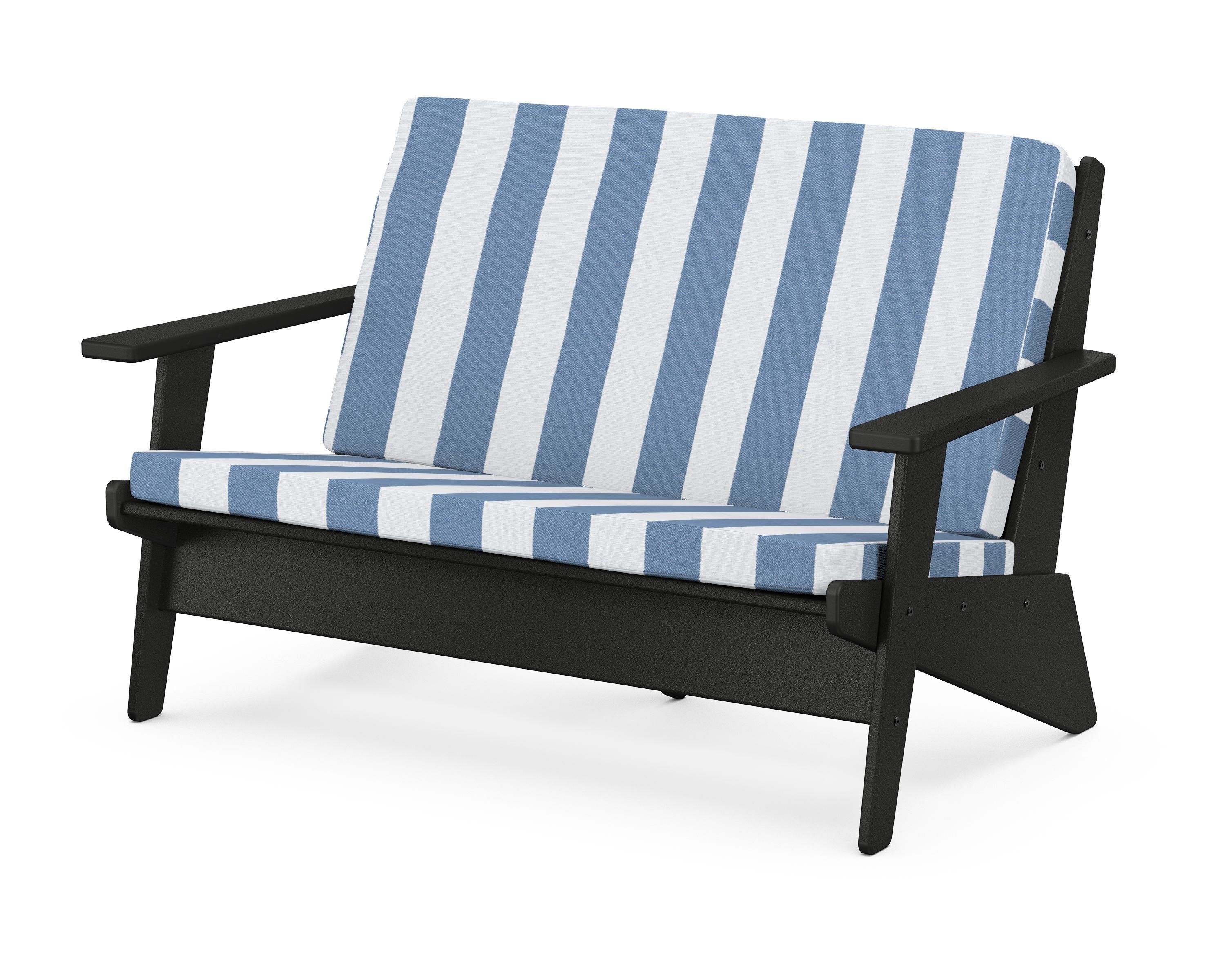 POLYWOOD® Riviera Modern Lounge Loveseat in Black / Cabana Stripe Sky Blue