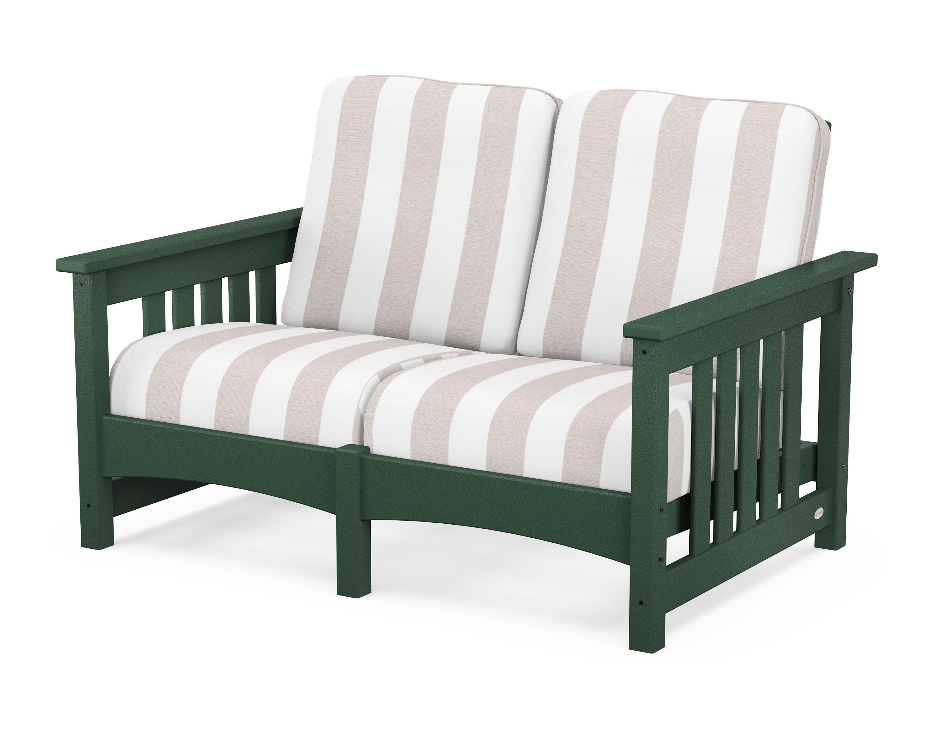 POLYWOOD® Club Mission Loveseat in Green / Cabana Stripe Dune Burlap
