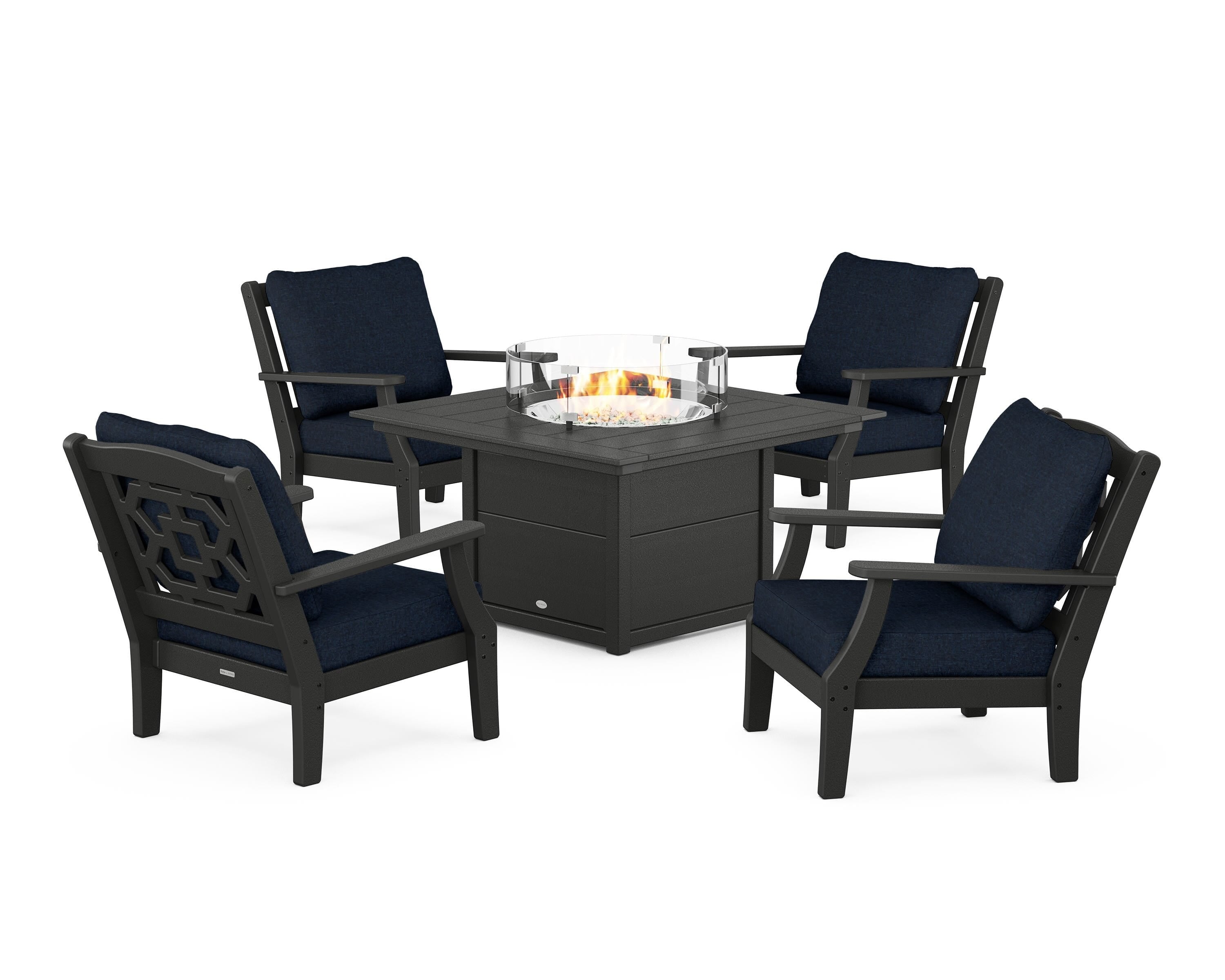 Martha Stewart by POLYWOOD® Chinoiserie 5-Piece Deep Seating Set with Fire Pit Table in Black / Marine Indigo