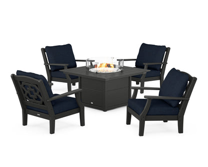 Martha Stewart by POLYWOOD® Chinoiserie 5-Piece Deep Seating Set with Fire Pit Table in Black / Marine Indigo