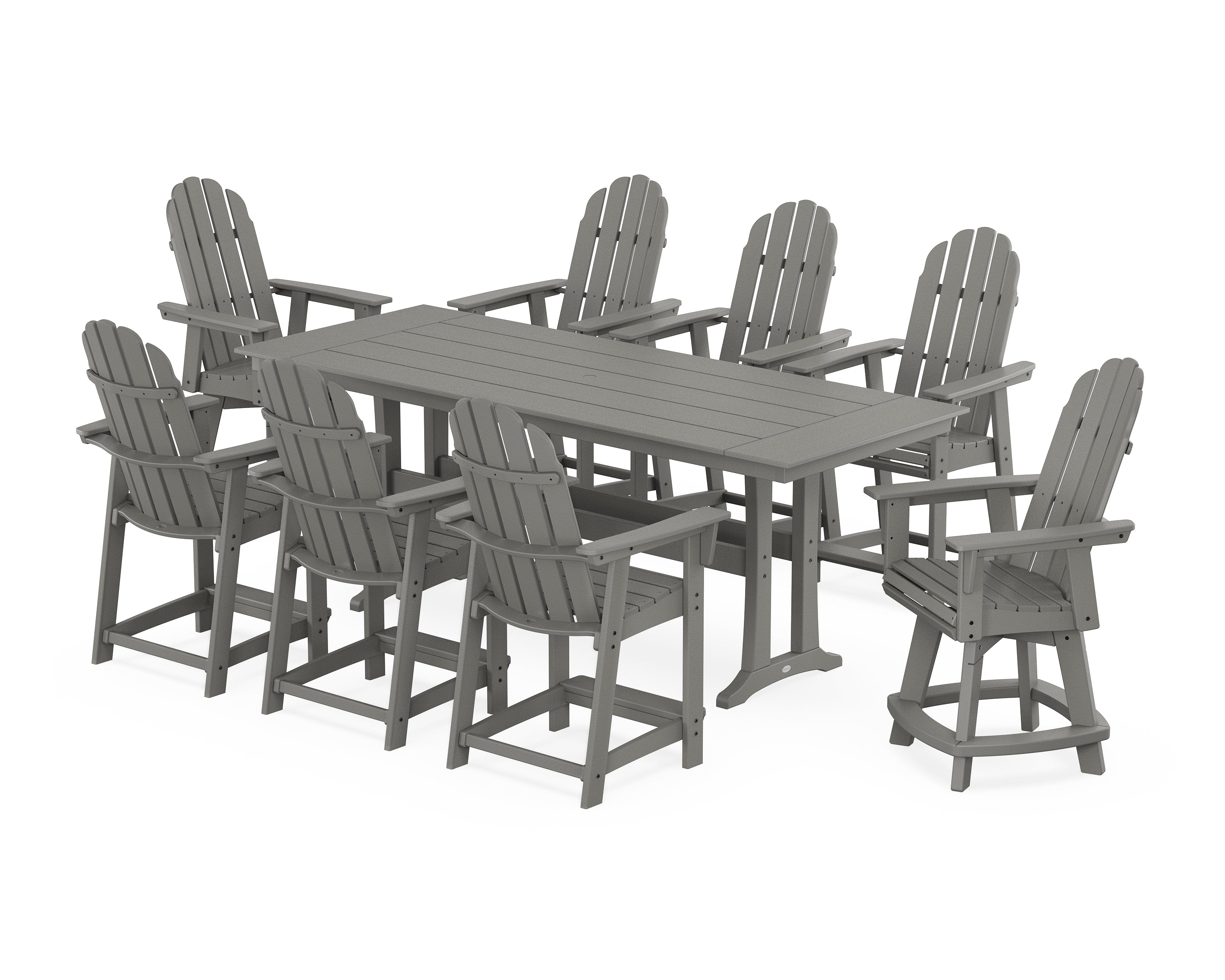 POLYWOOD® Vineyard Curveback Adirondack Swivel 9-Piece Farmhouse Counter Set with Trestle Legs in Slate Grey
