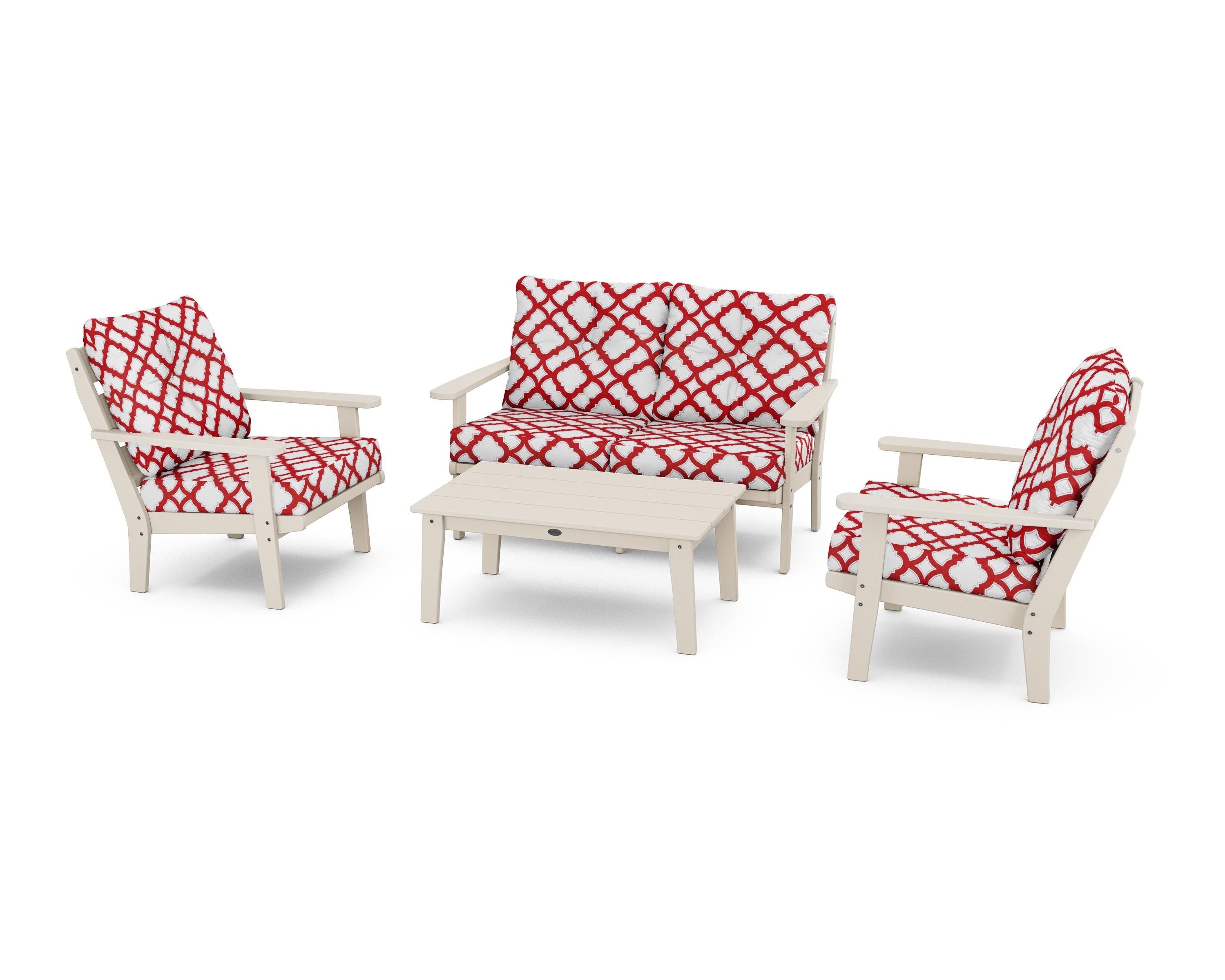 POLYWOOD® Lakeside 4-Piece Deep Seating Set in Sand / Trellis Crimson