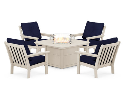 POLYWOOD® Vineyard 5-Piece Conversation Set with Fire Pit Table in Sand / Navy