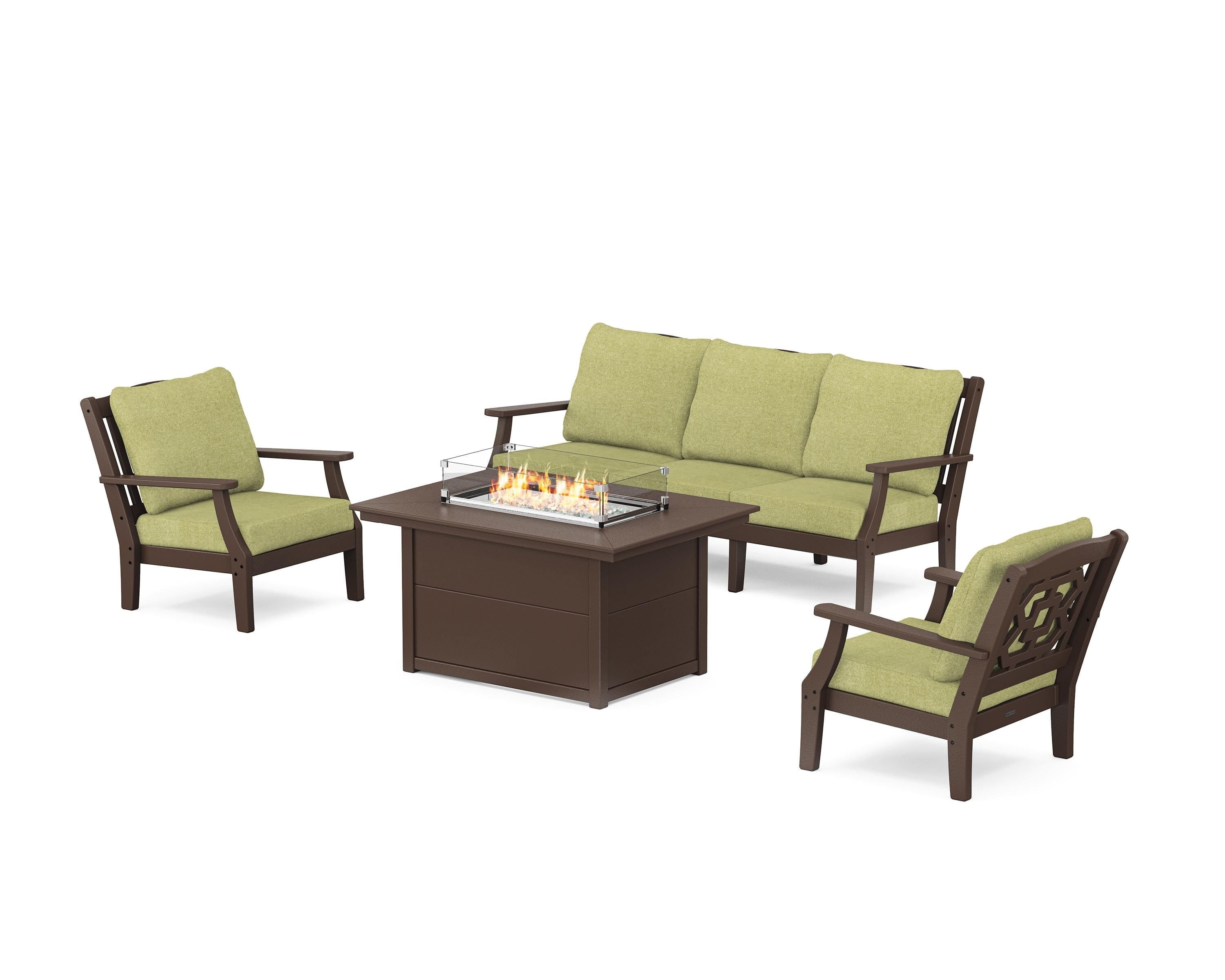 Martha Stewart by POLYWOOD® Chinoiserie Deep Seating Fire Pit Table Set in Mahogany / Chartreuse Boucle