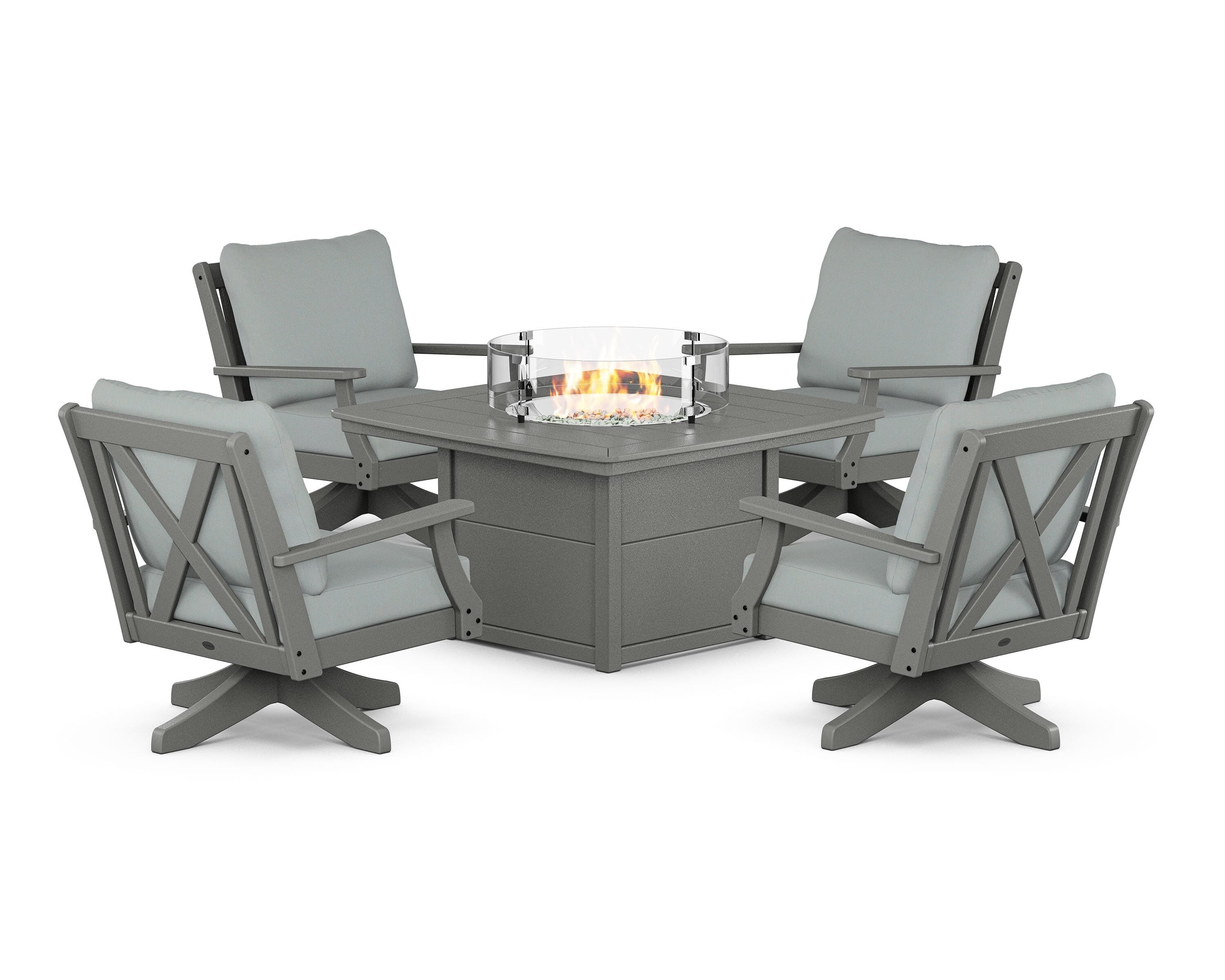 POLYWOOD® Braxton 5-Piece Deep Seating Swivel Conversation Set with Fire Pit Table in Slate Grey / Spa