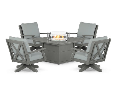 POLYWOOD® Braxton 5-Piece Deep Seating Swivel Conversation Set with Fire Pit Table in Slate Grey / Spa