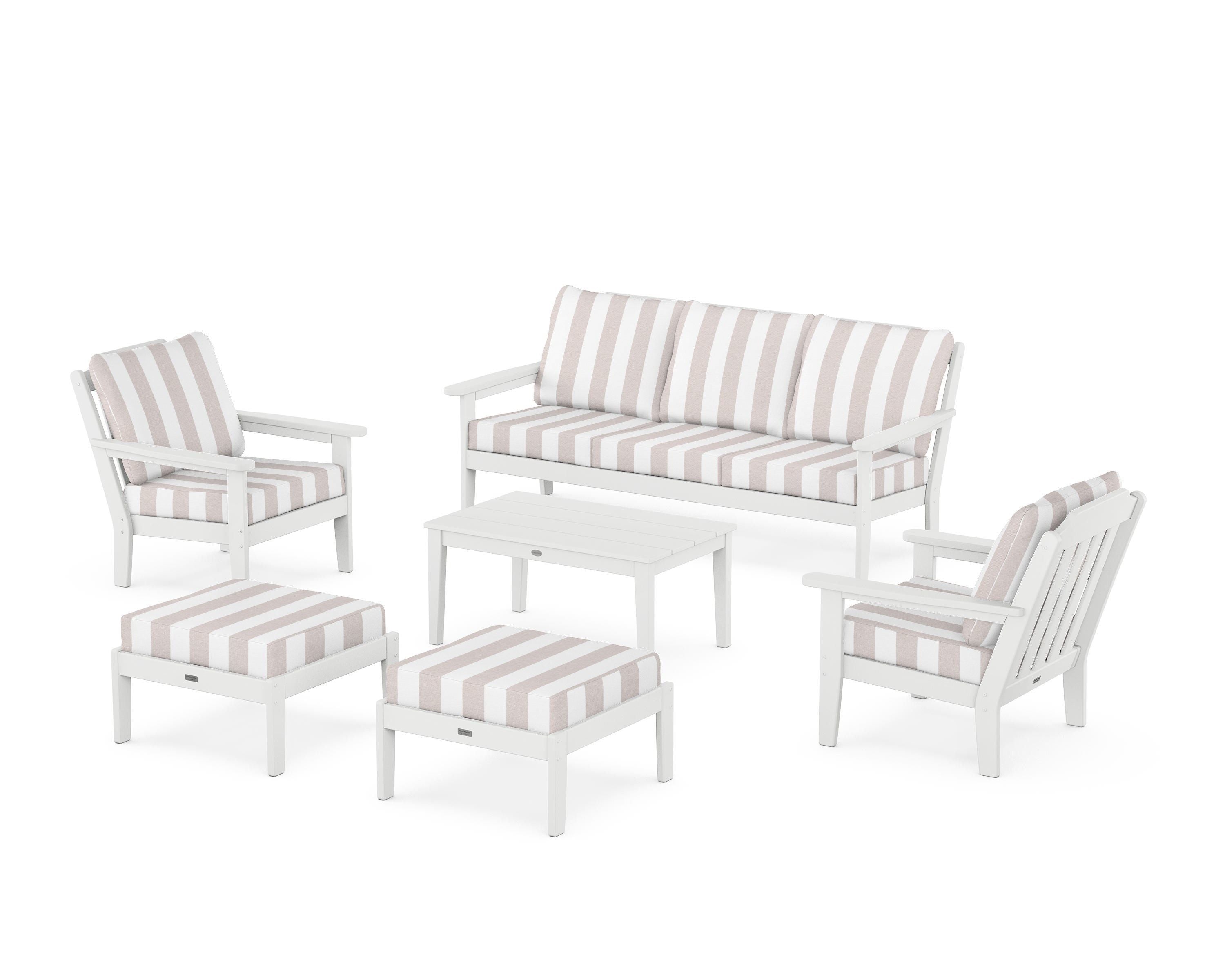 Country Living Cottage 6-Piece Lounge Sofa Set in White / Cabana Stripe Dune Burlap