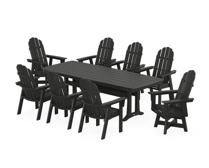 POLYWOOD® Vineyard Curveback Adirondack Swivel 9-Piece Dining Set with Trestle Legs in Black