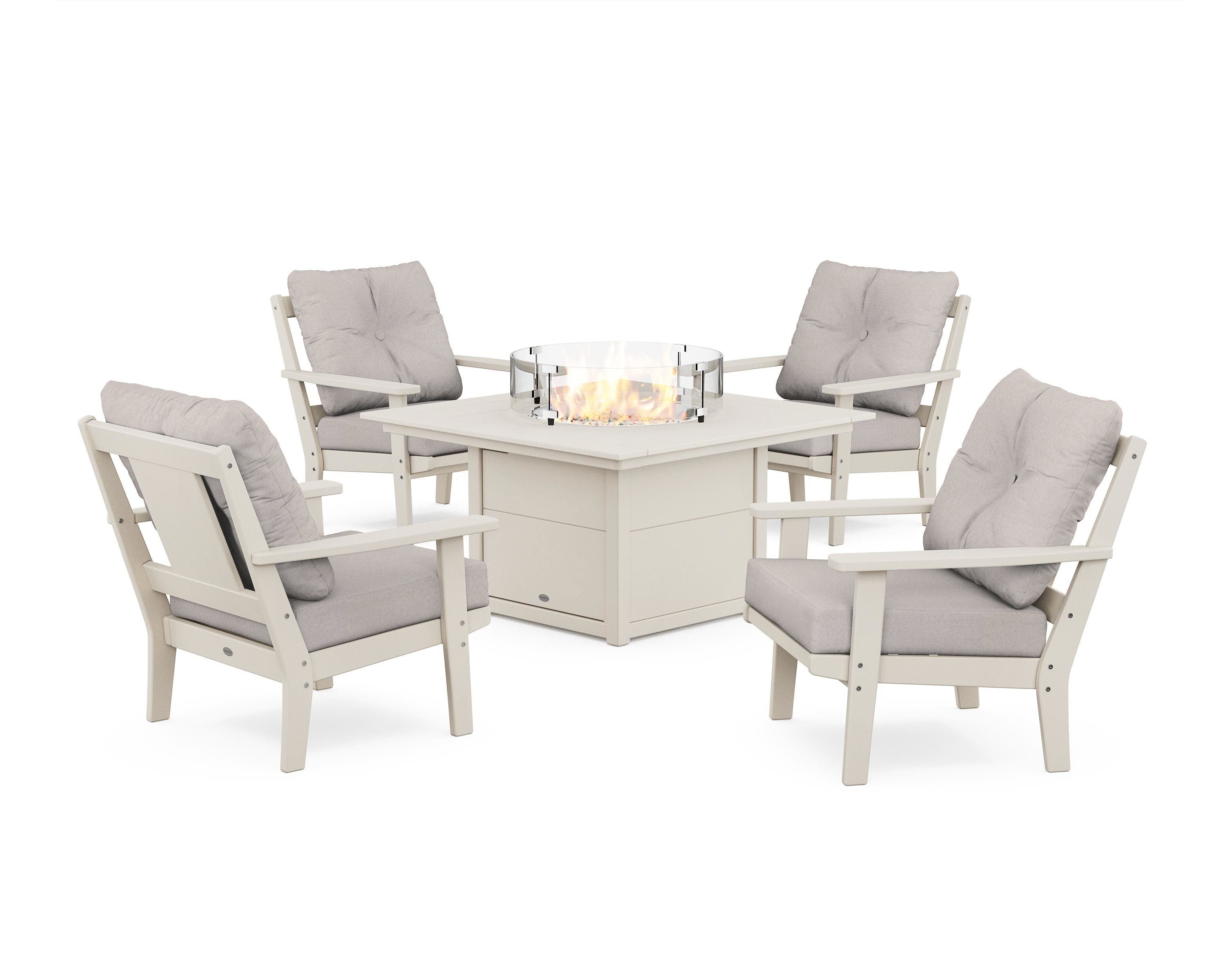 POLYWOOD® Prairie 5-Piece Deep Seating Set with Fire Pit Table in Sand / Dune Burlap