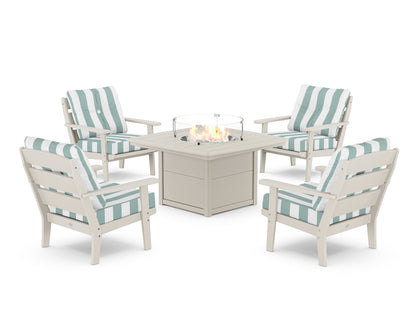 POLYWOOD® Lakeside 5-Piece Deep Seating Set with Nautical Fire Pit Table in Sand / Cabana Stripe Glacier Spa