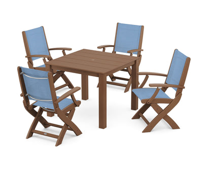POLYWOOD® Coastal Folding Chair 5-Piece Parsons Dining Set in Teak / Poolside Sling