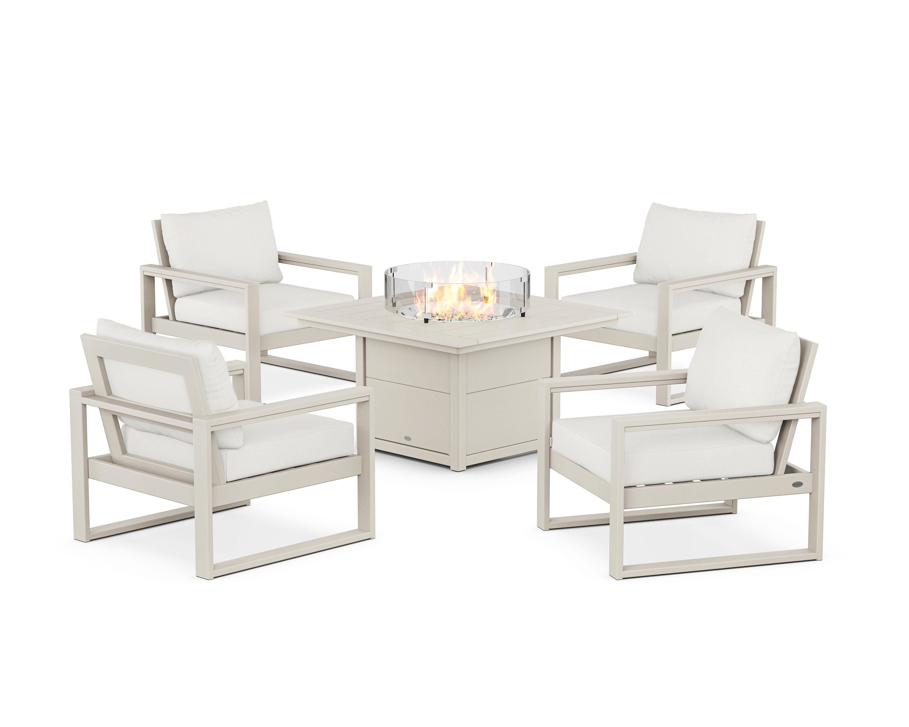 POLYWOOD® EDGE Sectional 5-Piece Deep Seating Set with Fire Pit Table in Sand / Natural Linen