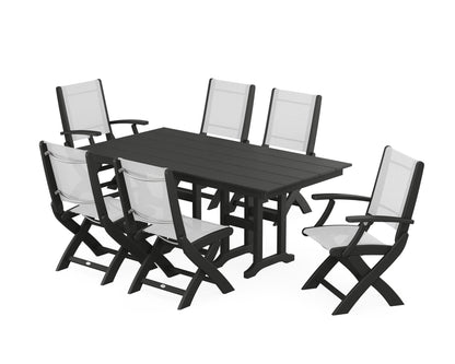 POLYWOOD® Coastal Folding Chair 7-Piece Farmhouse Dining Set in Black / White Sling