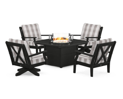 POLYWOOD® Braxton 5-Piece Deep Seating Set with Fire Table in Black / Buffalo Plaid Grey Mist
