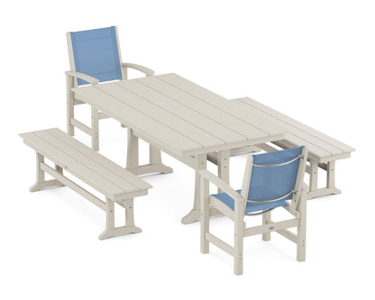 POLYWOOD® Coastal 5-Piece Farmhouse Dining Set with Trestle Legs and Benches in Sand / Poolside Sling