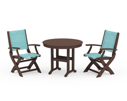 POLYWOOD® Coastal Folding Chair 3-Piece Round Dining Set in Mahogany / Dupioni Aquamarine Sling