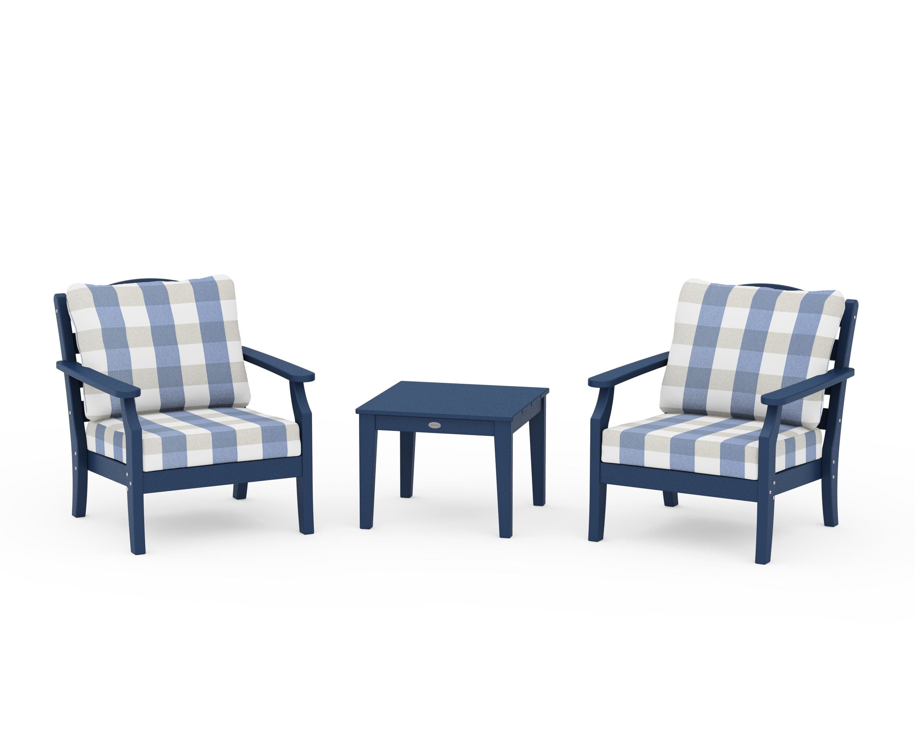 Draper James™ by  POLYWOOD® Savannah 3-Piece Deep Seating Set in Navy / Buffalo Plaid Sky Blue