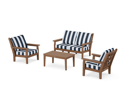 POLYWOOD® Chippendale 4-Piece Deep Seating Set with Loveseat in Teak / Cabana Stripe Marine Indigo