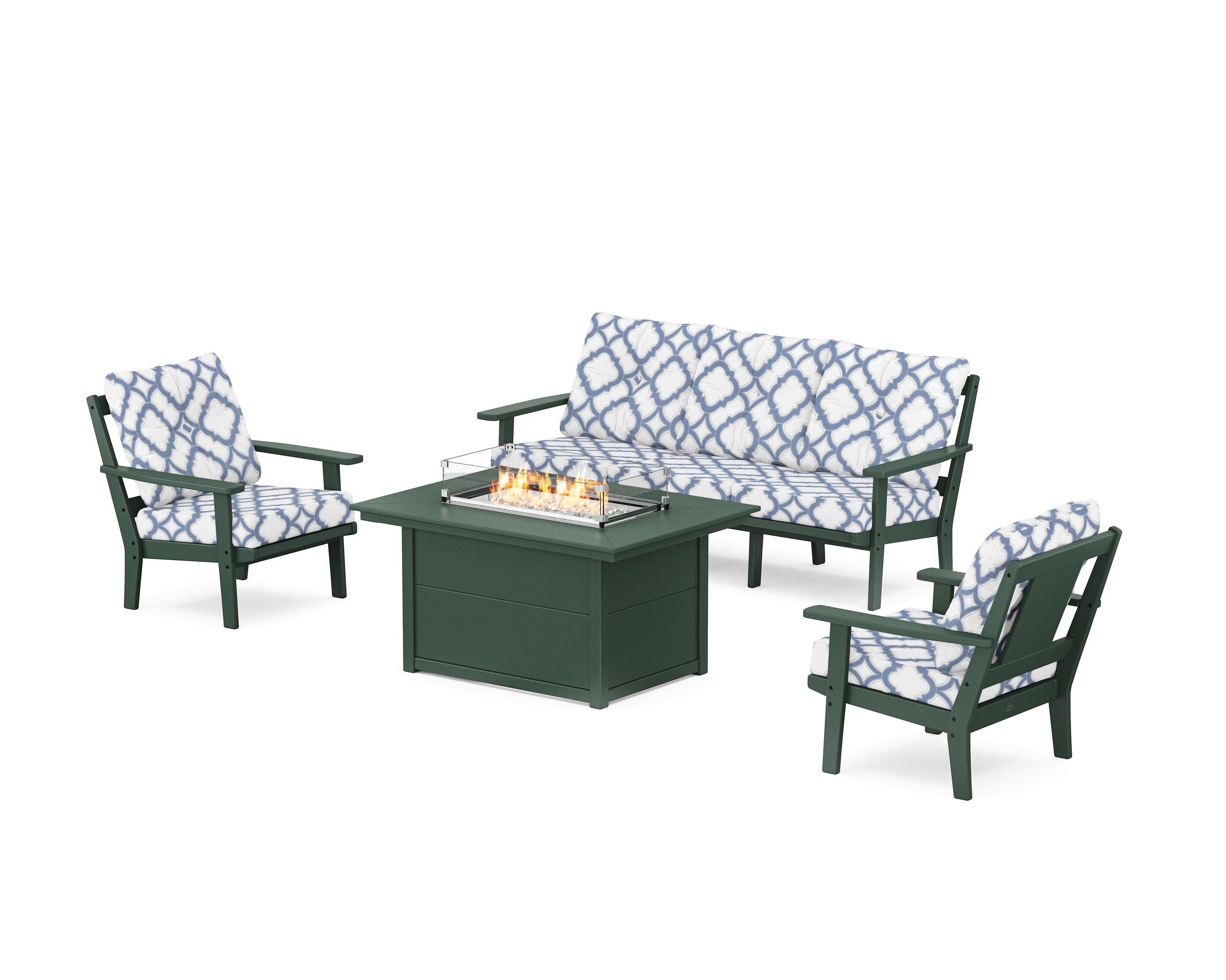 POLYWOOD® Prairie Deep Seating Fire Pit Table Set in Green / Trellis Sky Blue