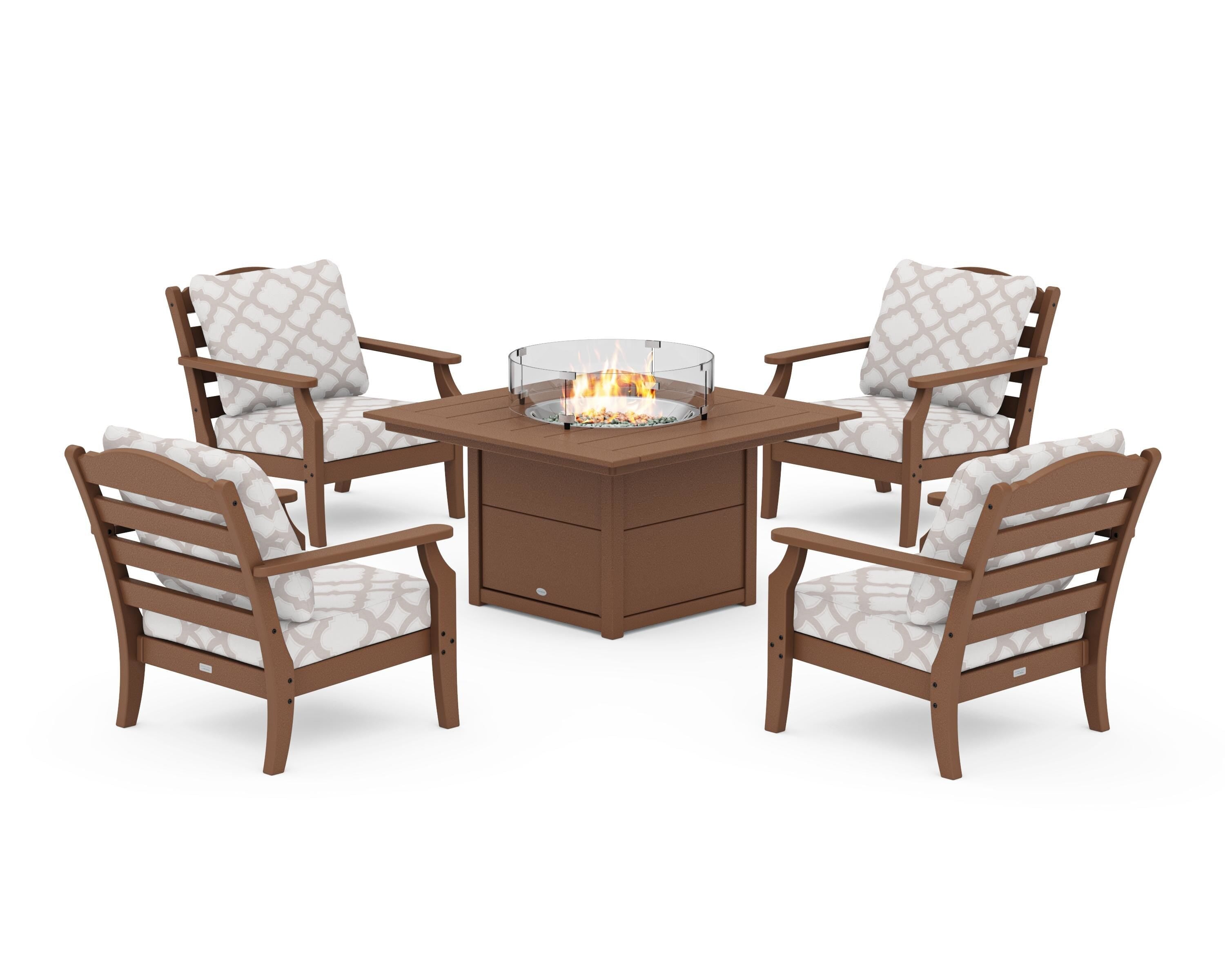 Draper James™ by  POLYWOOD® Savannah 5-Piece Deep Seating Set with Fire Pit Table in Teak / Trellis Dune Burlap