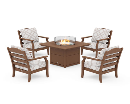 Draper James™ by  POLYWOOD® Savannah 5-Piece Deep Seating Set with Fire Pit Table in Teak / Trellis Dune Burlap