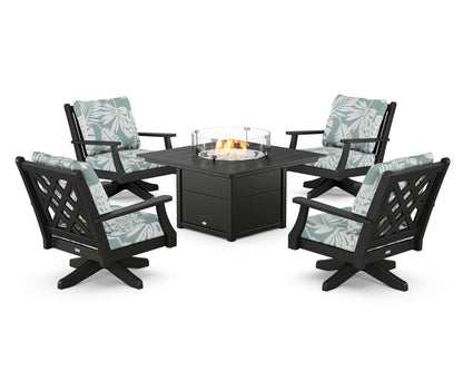 Country Living Wovendale 5-Piece Deep Seating Swivel Conversation Set with Fire Pit Table in Black / Leaf Glacier Spa