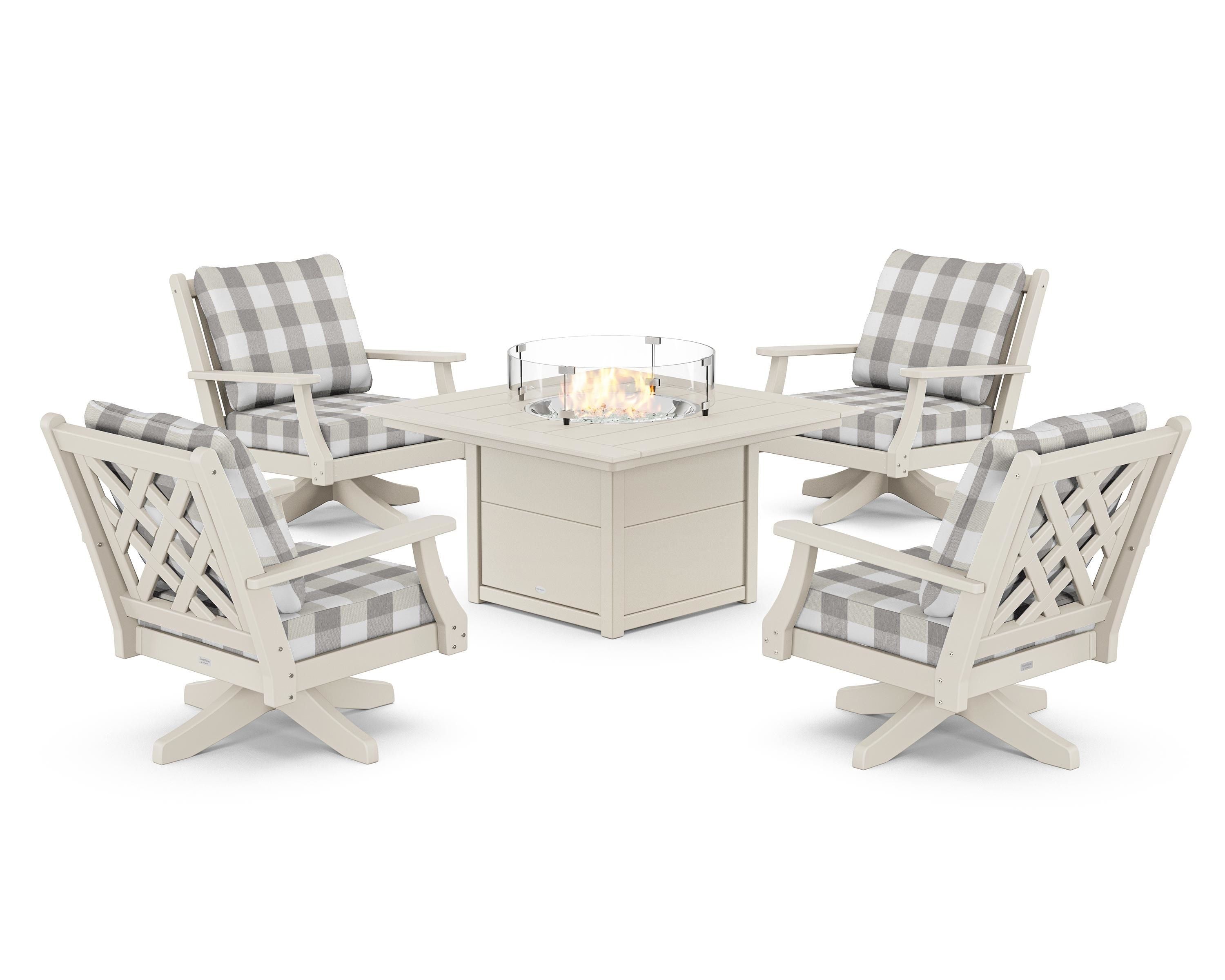 Country Living Wovendale 5-Piece Deep Seating Swivel Conversation Set with Fire Pit Table in Sand / Buffalo Plaid Grey Mist