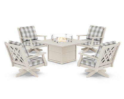 Country Living Wovendale 5-Piece Deep Seating Swivel Conversation Set with Fire Pit Table in Sand / Buffalo Plaid Grey Mist