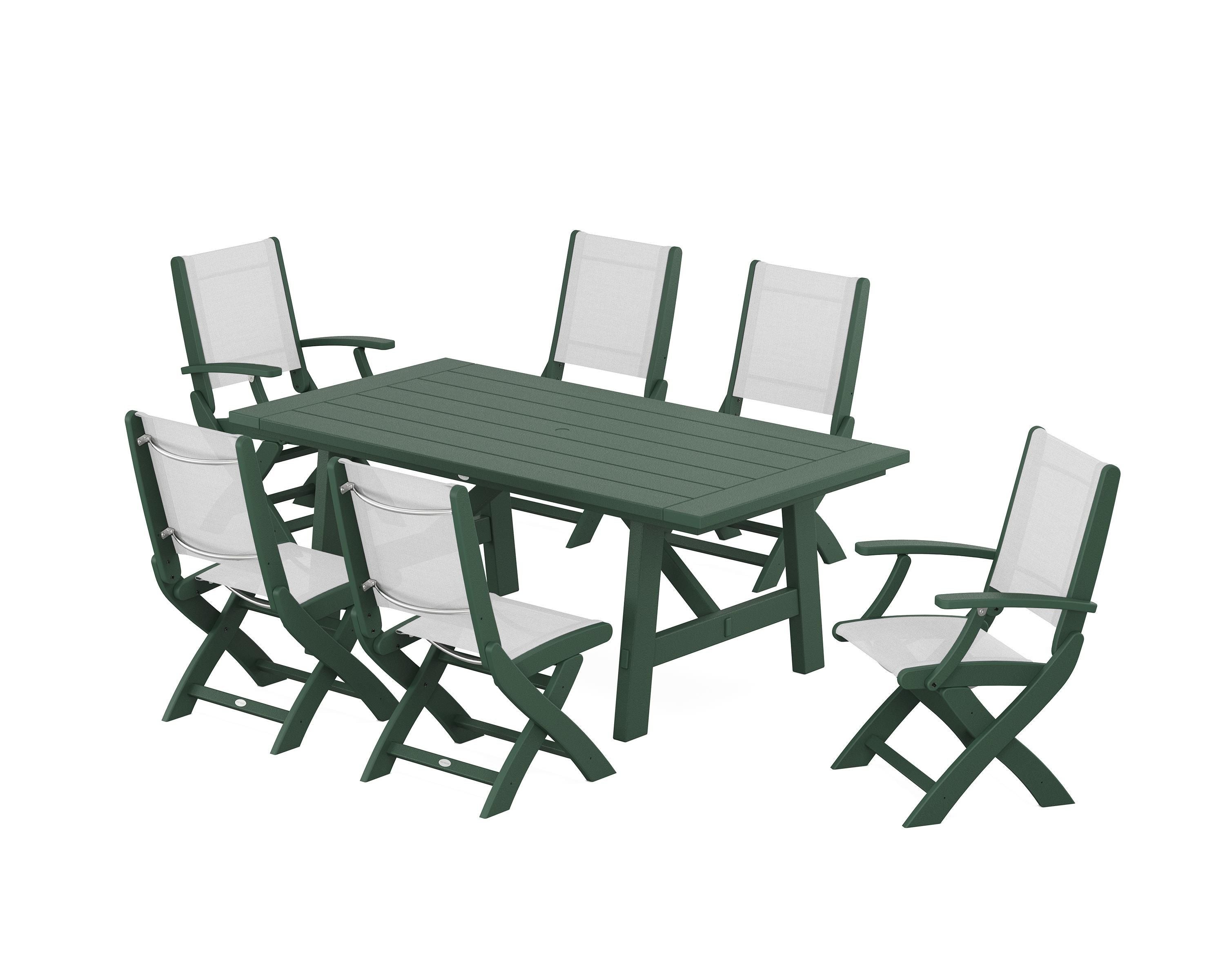 POLYWOOD® Coastal Folding Chair 7-Piece Rustic Farmhouse Dining Set in Green / White Sling