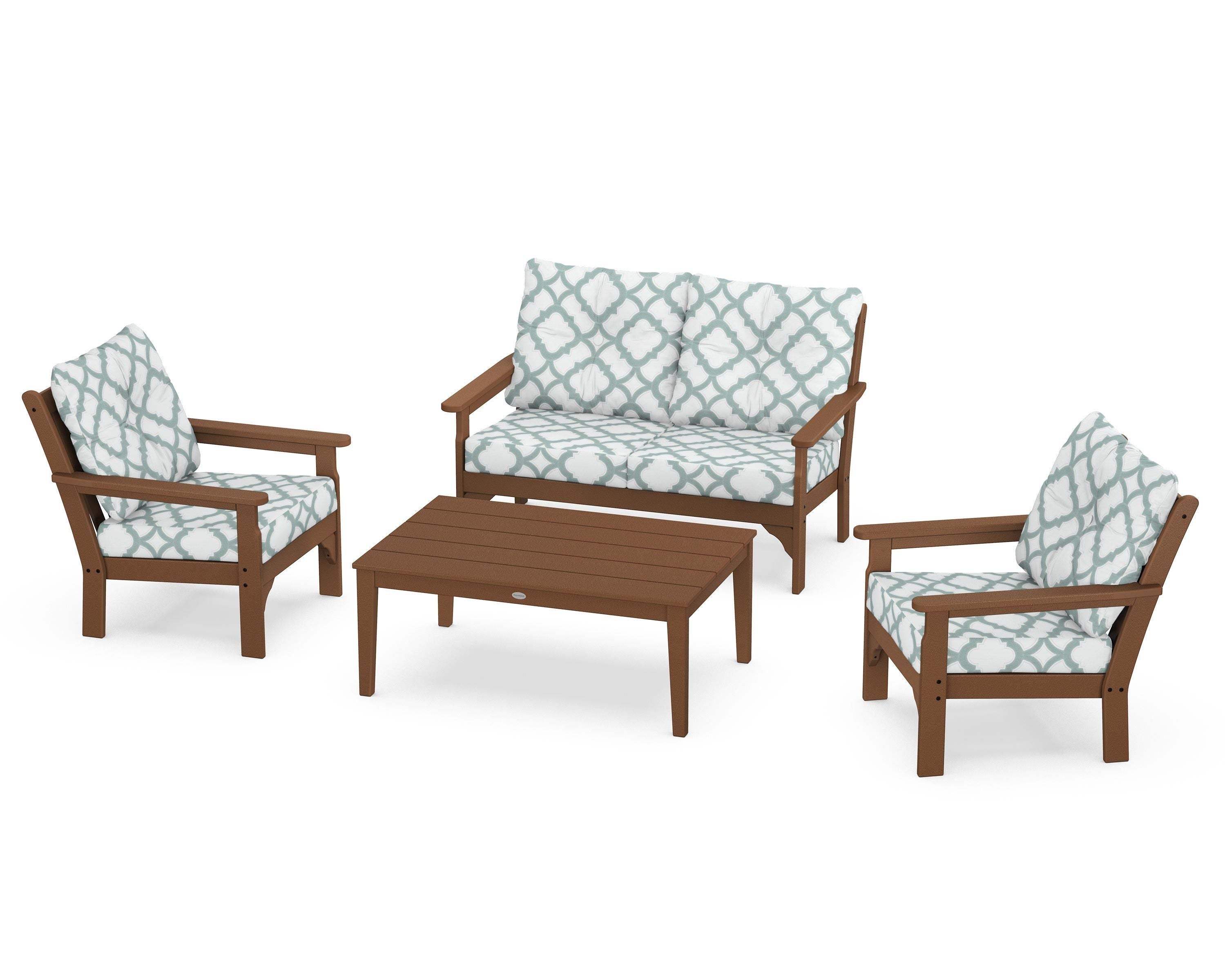POLYWOOD® Vineyard 4-Piece Deep Seating Set in Teak / Trellis Glacier Spa