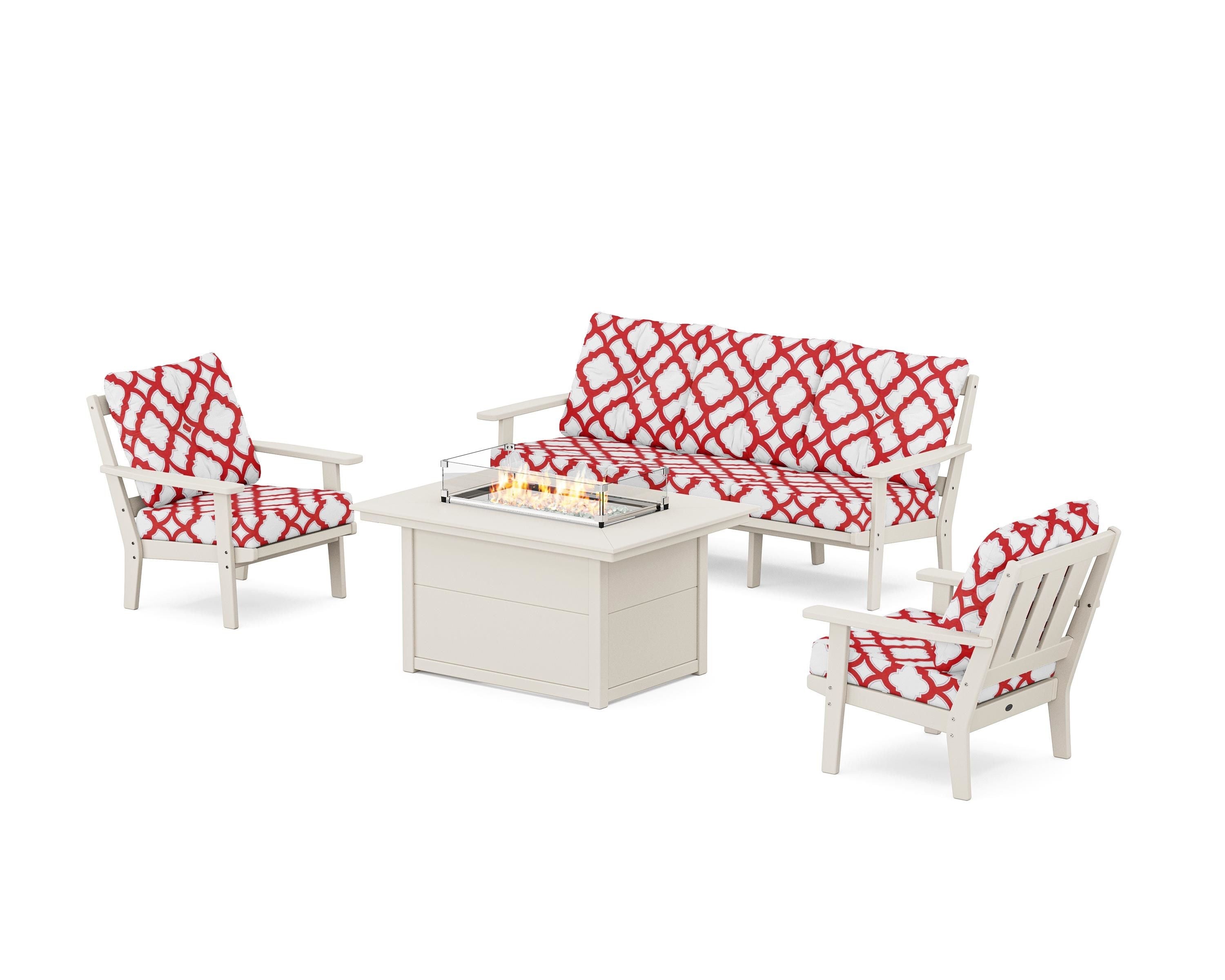 POLYWOOD® Oxford Deep Seating Fire Pit Table Set in Sand / Trellis Crimson