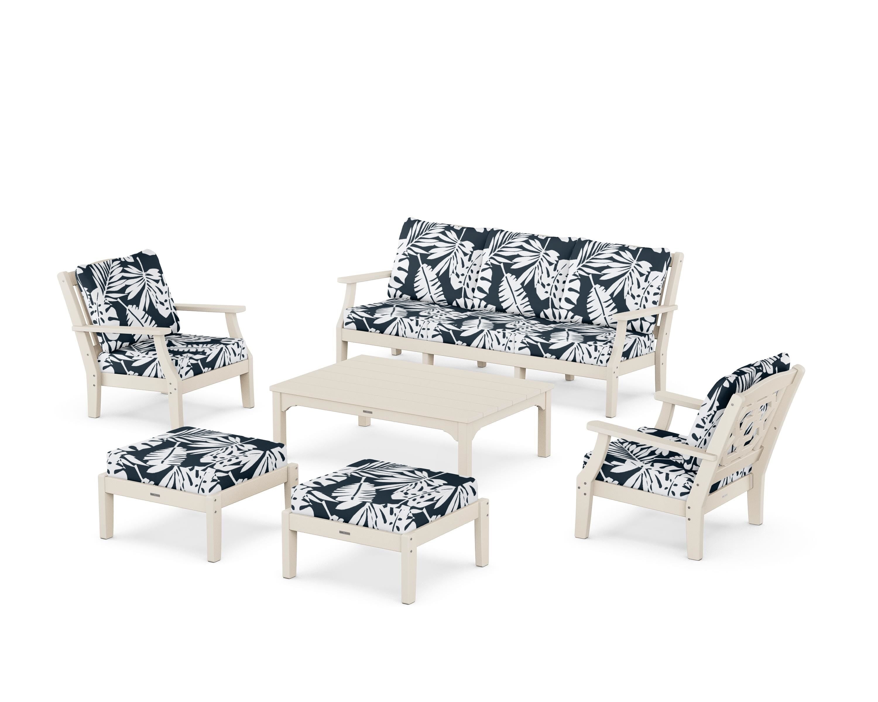 Martha Stewart by POLYWOOD® Chinoiserie 6-Piece Lounge Sofa Set in Sand / Leaf Marine Indigo