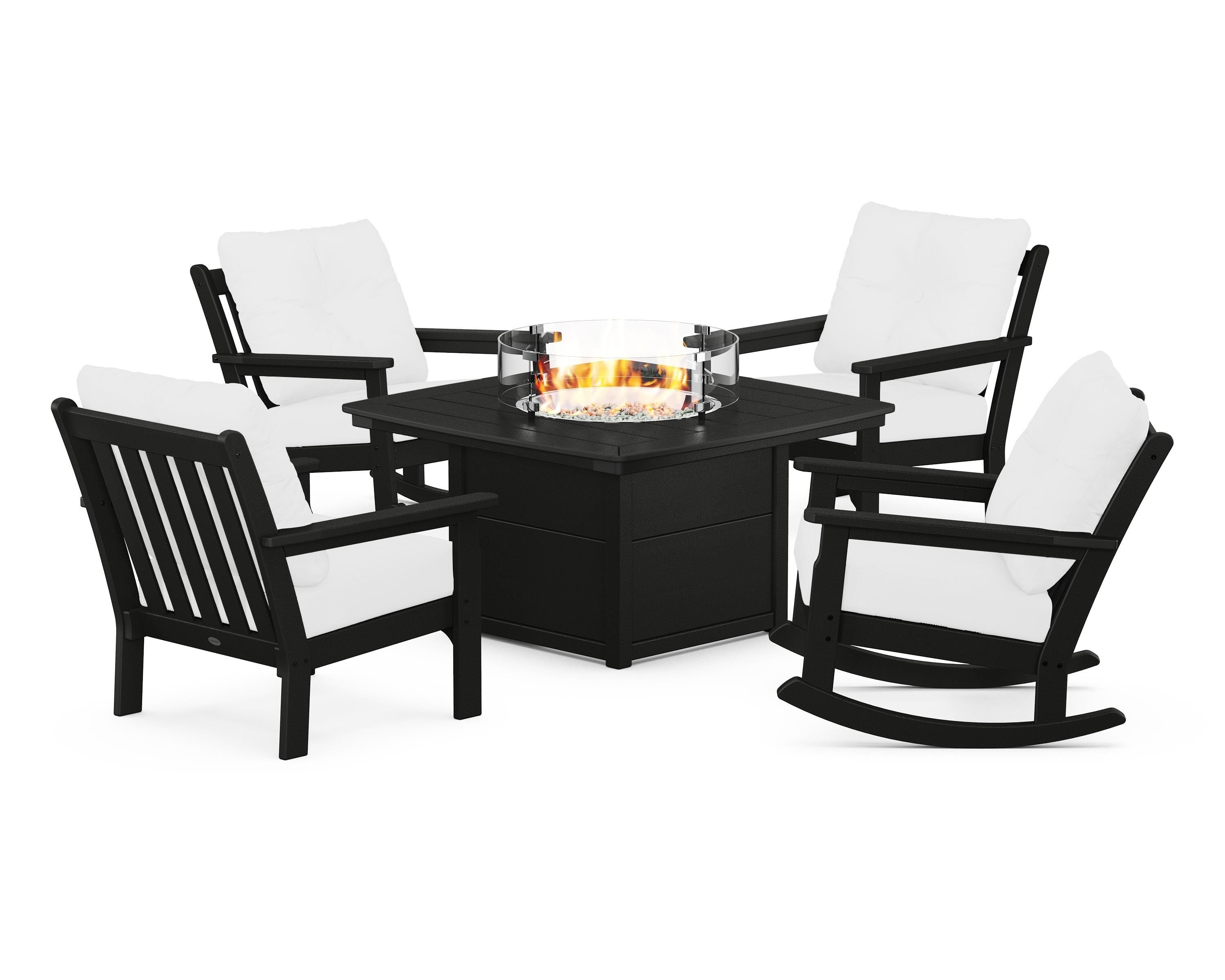 POLYWOOD® Vineyard 5-Piece Deep Seating Rocking Chair Conversation Set with Fire Pit Table in Black / Natural
