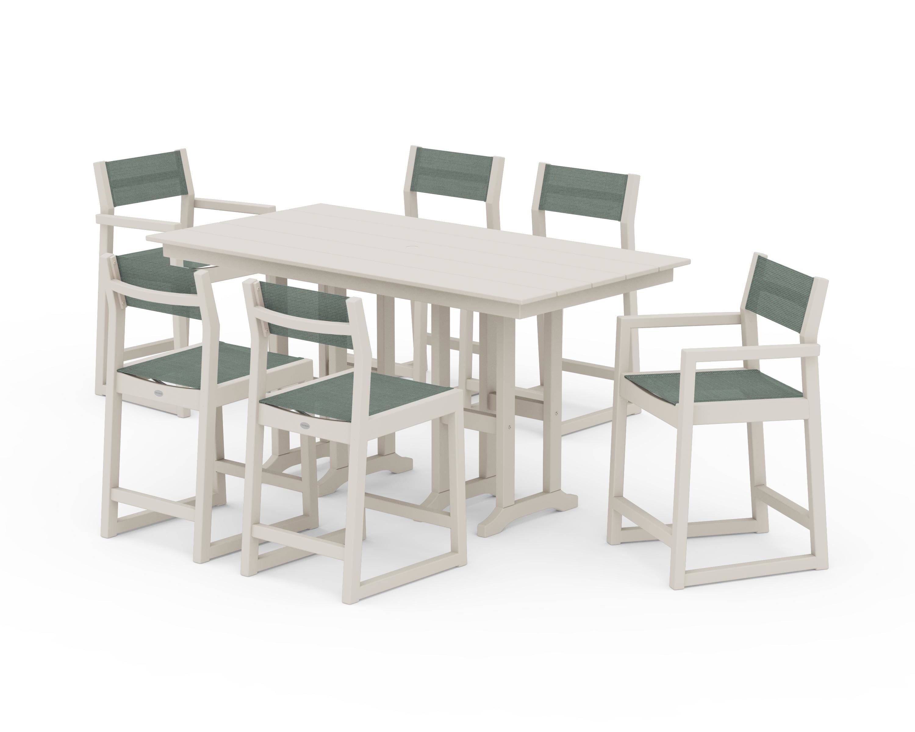 POLYWOOD® EDGE Sling 7-Piece Farmhouse Counter Set in Sand / Dupioni Sea Mist Sling