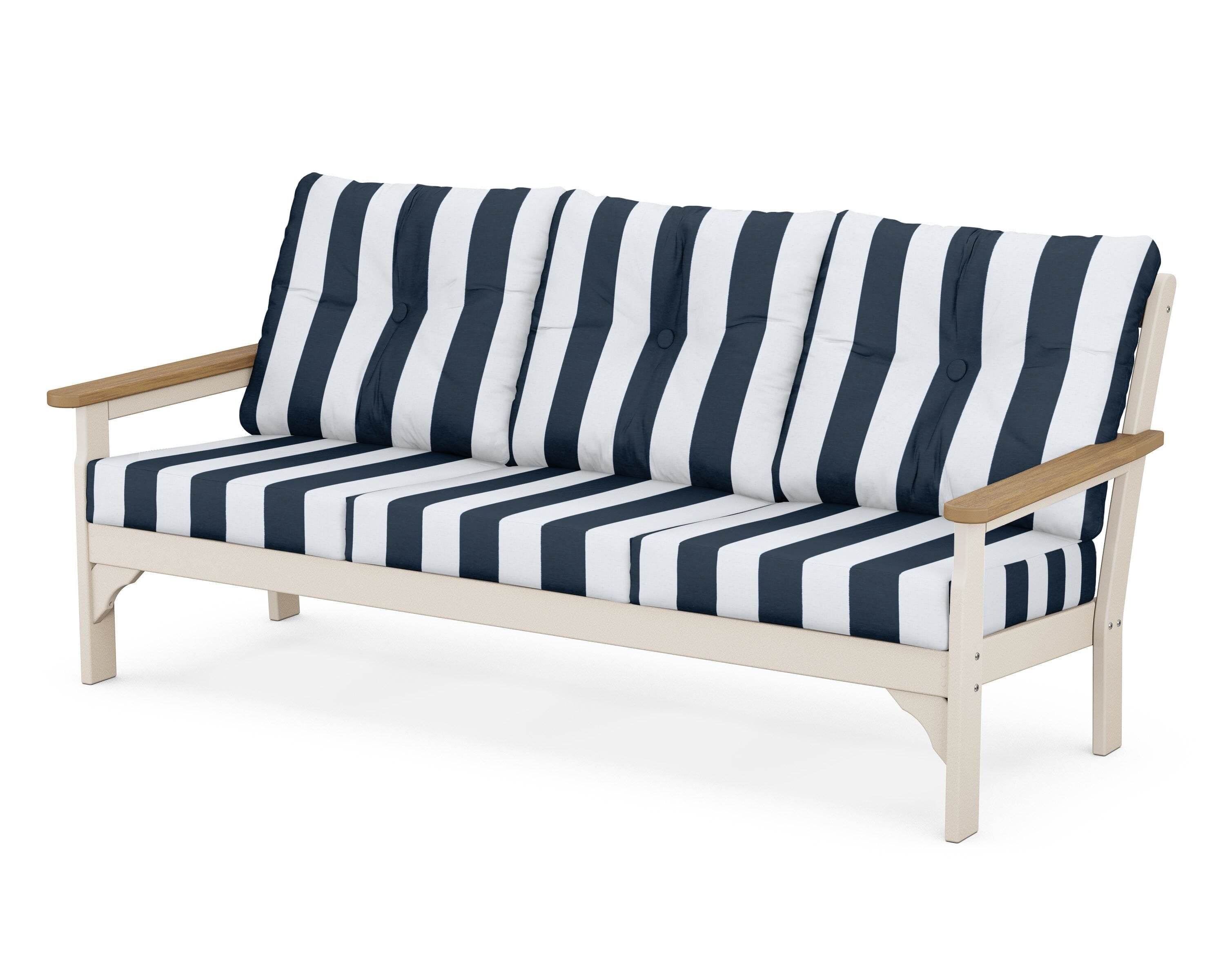 POLYWOOD® Vineyard Deep Seating Sofa in Sand / Natural / Cabana Stripe Marine Indigo