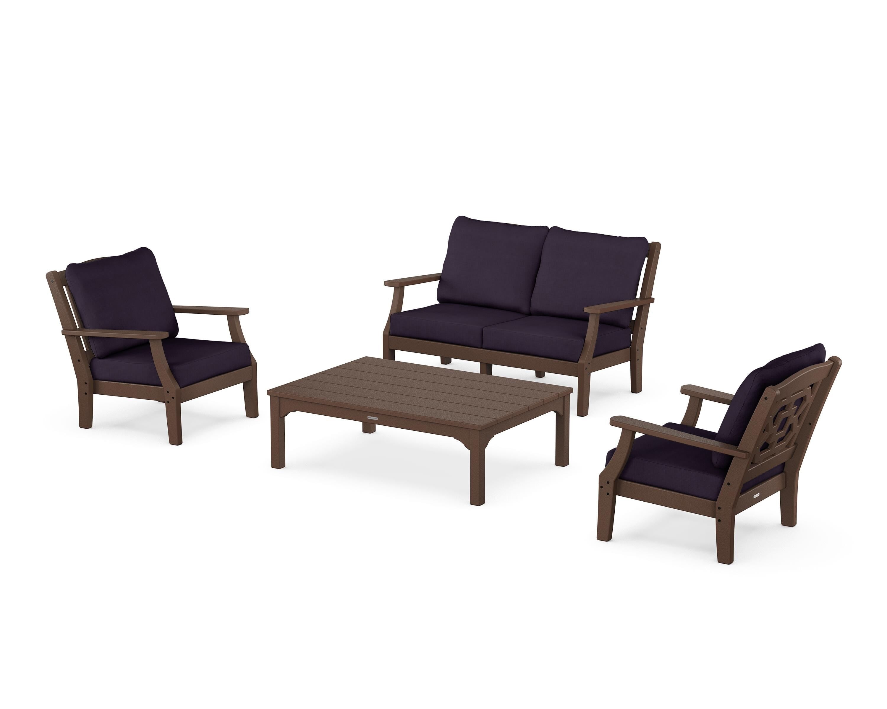 Martha Stewart by POLYWOOD® Chinoiserie 4-Piece Deep Seating Set with Loveseat in Mahogany / Navy Linen