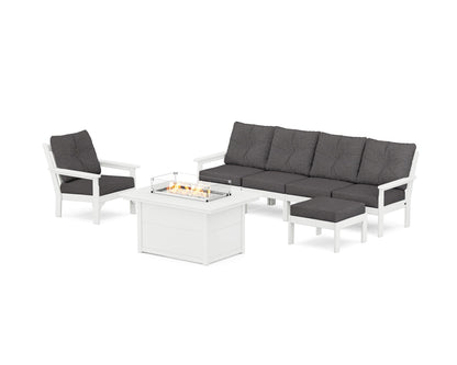 POLYWOOD® Vineyard Sectional Lounge and Fire Pit Set in White / Ash Charcoal